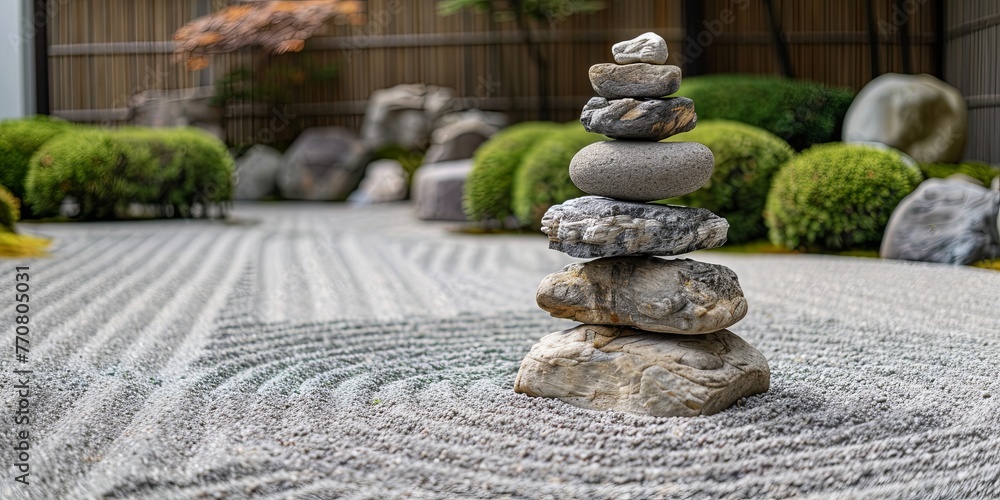 Harmony in Balance: Stacked Stones in a Tranquil Zen Garden