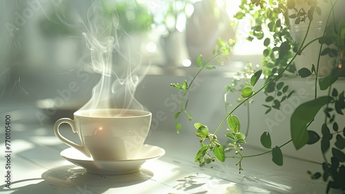 Morning Serenity: A Steaming Cup of Tea Amidst Lush Greenery and Gentle Sunlight