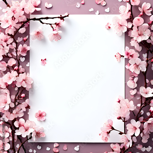 a4-paper-with-cherry-blossoms-and-hearts-around-postcard-on-white-background-blank-paper-wa (1).Generative AI © 상준 추