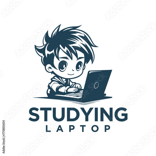 Boy studying in front of laptop logo vector illuatration