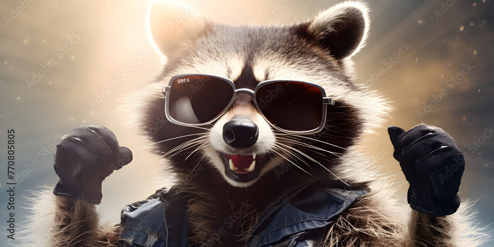 Funny raccoon in green sunglasses showing a rock,Cute raccoon wearing sunglasses - obrazy, fototapety, plakaty 