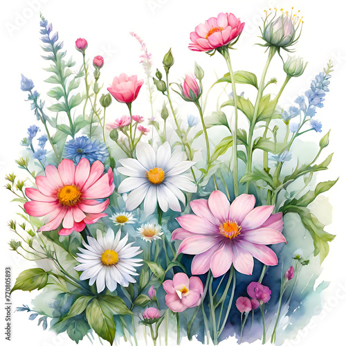 Summer   s Symphony  A Watercolor Floral Ensemble. This image showcases a vibrant collection of summer flowers  painted with watercolor on a pristine white background. 