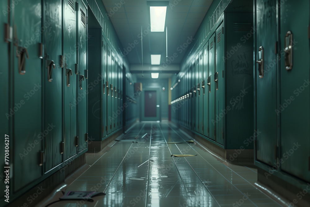 Dimly lit school hallway with lockers and fluorescent lights Dimly lit school hallway with lockers and fluorescent lights