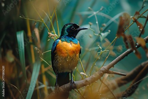 a bird is standing on a branch with grass surrounding c6b2cbf2-4d34-4a79-9263-9ff3452f2fad 1 photo