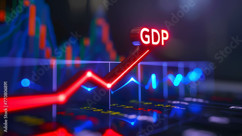 Word “GDP” and arrow up show financial growth, meaning is Gross Domestic Product photo