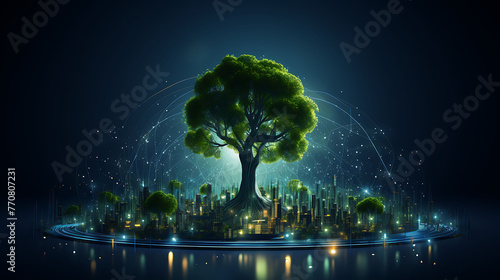 Concept of Environmental social governance ESG in futuristic glowing symbols on dark blue backgound © Wajid