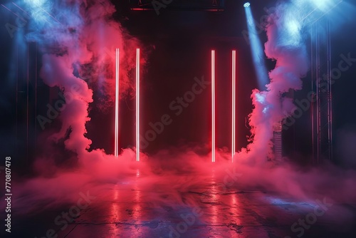 Dramatic dark stage with neon lights, spotlights and floating smoke