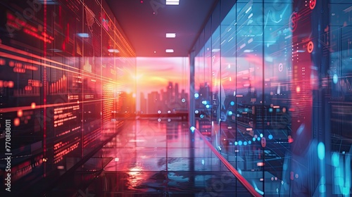 office interior with information technology overlay on screen. cyberpunk office interior. cyberpunk city wallpaper. futuristic town city. synthwave urban wallpaper. Modern urban wallpaper, futuristic.