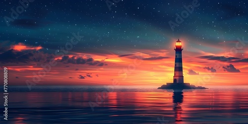 Majestic Lighthouse Illuminating the Path for Corporate Vessels at Stunning Sunset Seascape