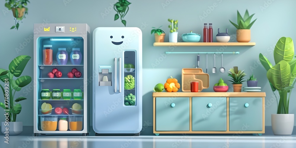 Intelligent Refrigerator Character Tracking Groceries and Managing Home Efficiently in Modern Minimalist Kitchen Interior Intelligent Refrigerator Character Tracking Groceries and Managing Home Efficiently in Modern Minimalist Kitchen Interior
