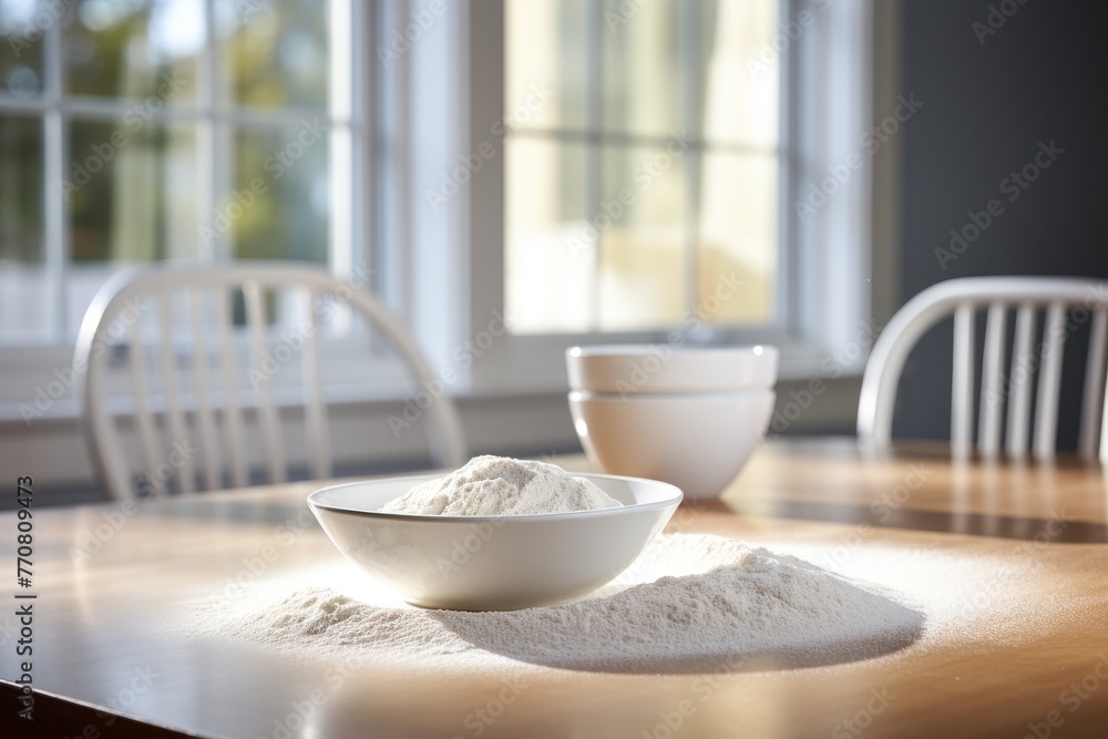 Buckwheat flour bowl on modern kitchen table, inspiring gluten free recipes and wholesome cooking Buckwheat flour bowl on modern kitchen table, inspiring gluten free recipes and wholesome cooking