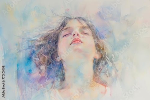 Ethereal watercolor painting of a young girl lost in worship, soulful spirituality art with soft pastel hues