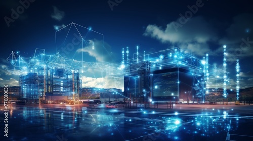 Modern factory  communication network. Telecommunication. IoT  Internet of Things  ICT  Information communication Technology . Smart factory. Digital transformation  cloud connecting