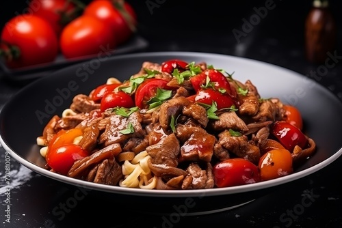 Sesame adorned bowl of noodles, mixed vegetables, and savory meat on a white wooden table