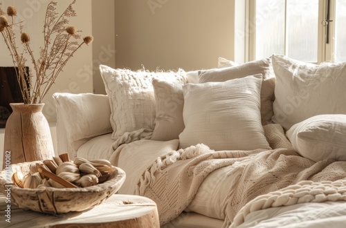 A cozy living room with plush beige and white cushions, an oak side table adorned with vases of dried branches, a wooden bowl filled with burning firewood, and soft blankets draped over the armrests