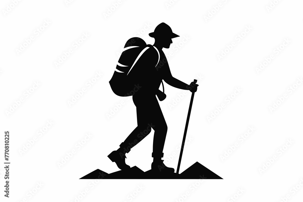 A black silhouette hiking climbing mountain traveler illustration vector art white background A black silhouette hiking climbing mountain traveler illustration vector art white background