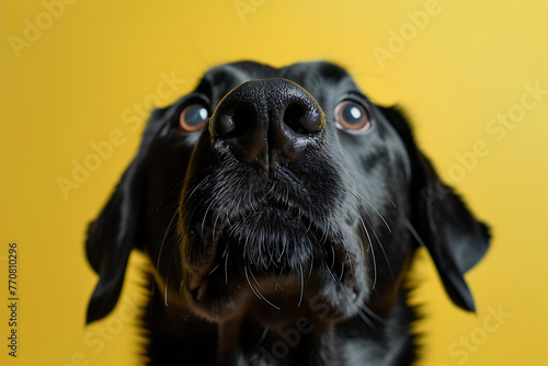 a black dog looking up at the camera on a yellow back 5f6f66e1-4121-46fa-b923-dc3e63645007 2 photo