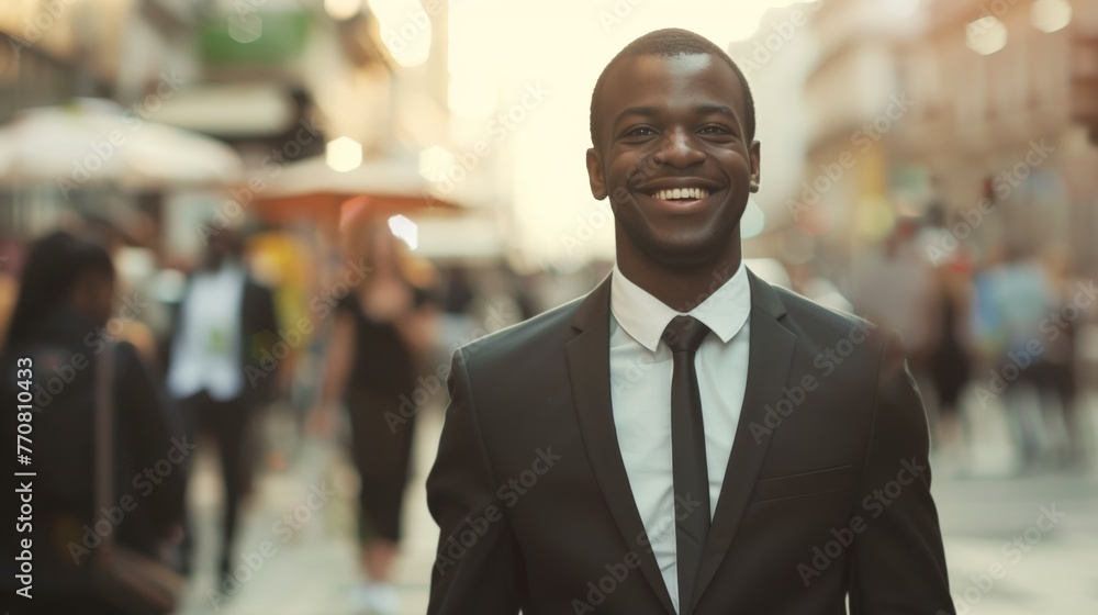 portrait of a handsome smiling young businessman boss in a black suit walking on a city street to his company office. blurry street background, confident portrait of a handsome smiling young businessman boss in a black suit walking on a city street to his company office. blurry street background, confident