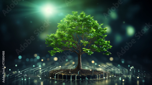 ESG concept symbolizes sustainability ethics and responsible business on a green Network background with a small tree with copyspace for text