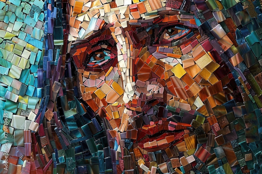 Jesus face mosaic, vibrant fragments, gaze of peace, love, compassion, realistic, scene illustration