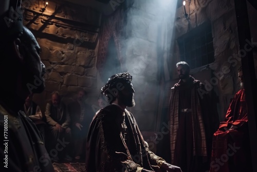 Jesus before Pilate, charged air, lowangle shot, chiaroscuro lighting, historical drama style