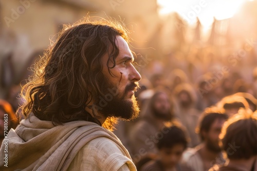 Jesus profile, speaking passionately, late afternoon light, focused faces in crowd, timeless moment photo
