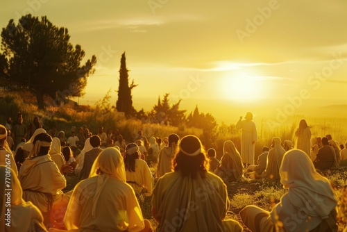 Jesus teaching atop a hill, wide shot, golden hour light, captivated crowd, serene, biblical era photo