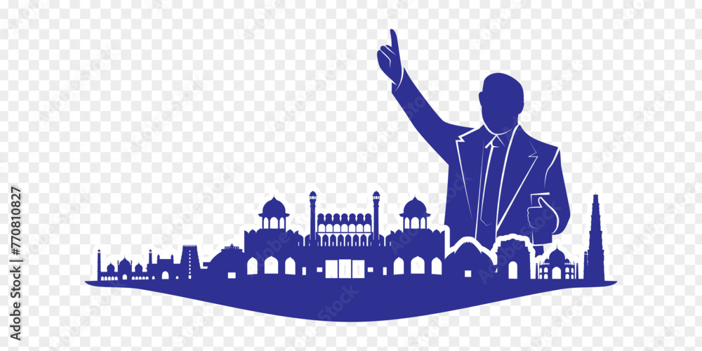 Vector illustration of BR Ambedkar silhouette with Indian monuments on transparent background - obrazy, fototapety, plakaty 