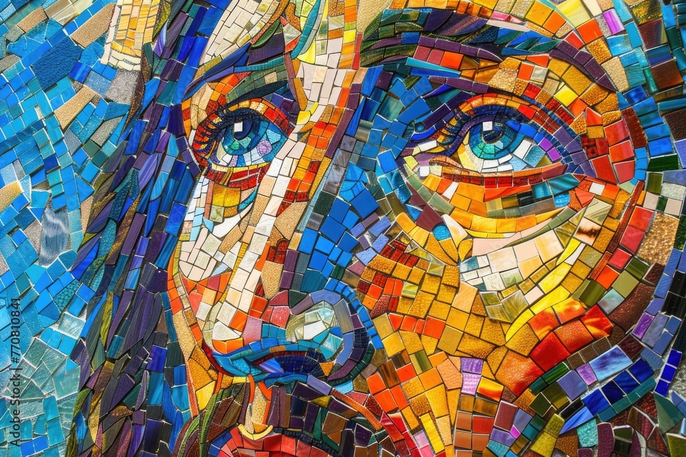 Artistic mosaic, Jesus with loving eyes, vibrant peace colors, realistic scene, deep compassion focus