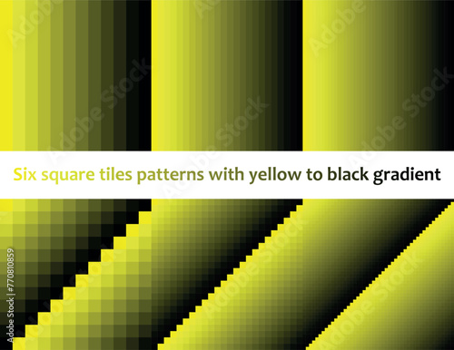 Yellow to black in square tiles, seamless vector pattern, monochromatic, collection of six