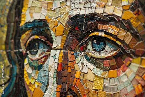 Closeup, Jesus in mosaic, hues of peace and love, compassionate eyes, vivid, realistic painting style