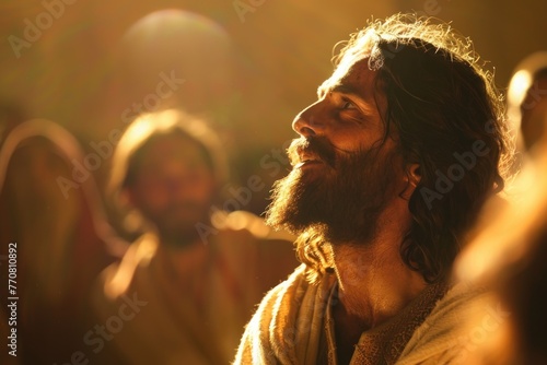 Closeup on Jesus, expressive, midspeech, soft backlight, rapt audience in soft focus, peaceful photo