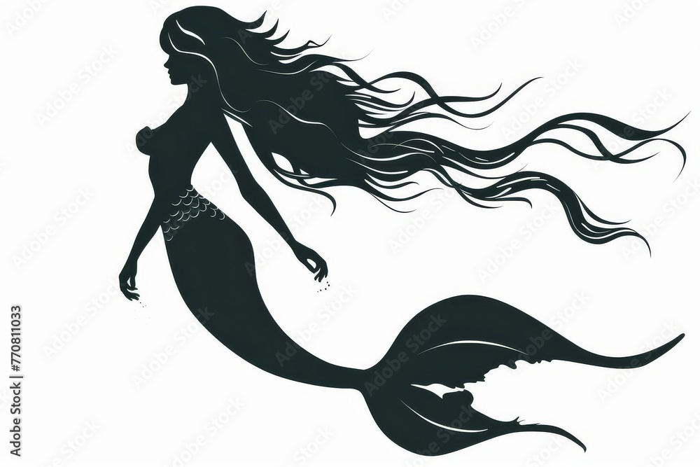 Graceful mermaid goddess silhouette with flowing hair on white background, mythical fantasy art Graceful mermaid goddess silhouette with flowing hair on white background, mythical fantasy art