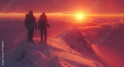 Couple of man and woman on top of a mountain in winter at sunset.
