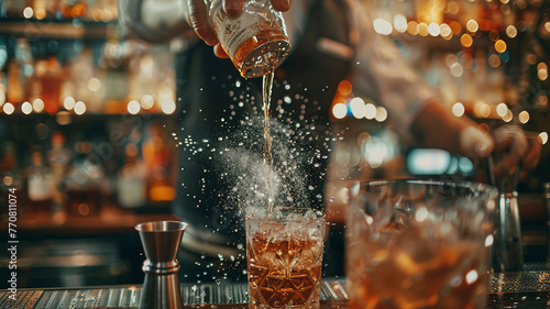 close up of a barman doing cocktail in the bar, barman in the pub, close up o a cocktail on the table