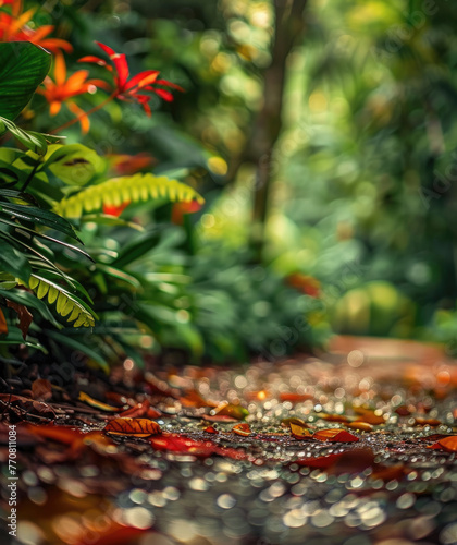 Rainy Day in Lush Tropical Rainforest - green peaceful walking path after the raining day, fresh nature after raining 