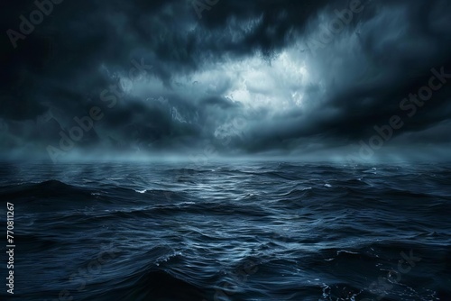 Haunting dark blue sky and sea  gloomy ocean with scary clouds  abstract horror background