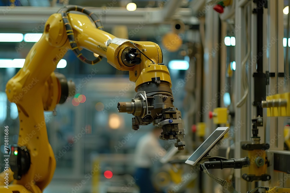 Industry 4.0 robot arm in factory, engineer using tablet for machine maintenance Industry 4.0 robot arm in factory, engineer using tablet for machine maintenance