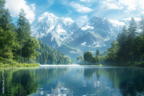 Pristine natural landscape, capturing the unspoiled beauty of a serene lake surrounded by lush forests and majestic mountains in the background  photo