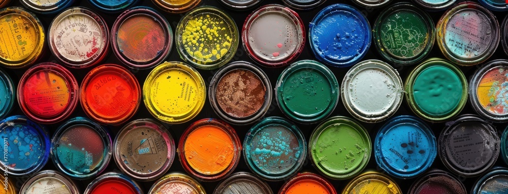 a large collection of paint cans in various colors are meticulously stacked to form rich in pattern and texture, spotlighting the arrangement of these can-shaped painting accessories. a large collection of paint cans in various colors are meticulously stacked to form rich in pattern and texture, spotlighting the arrangement of these can-shaped painting accessories.