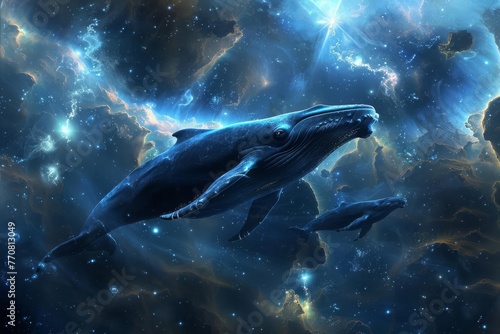 Majestic ethereal cosmic whales swimming in the vastness of space