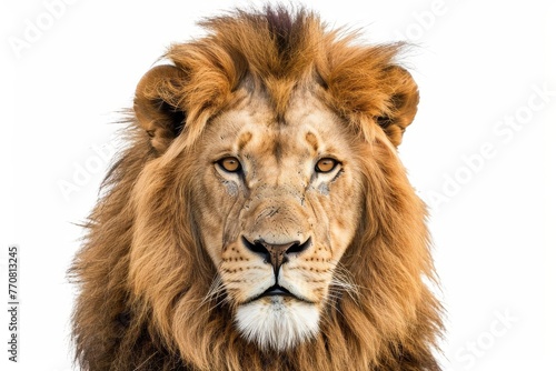 Majestic lion portrait with piercing eyes and lush mane, isolated on white background, wildlife photography