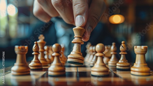 Chess Player Moving a Wooden King Piece