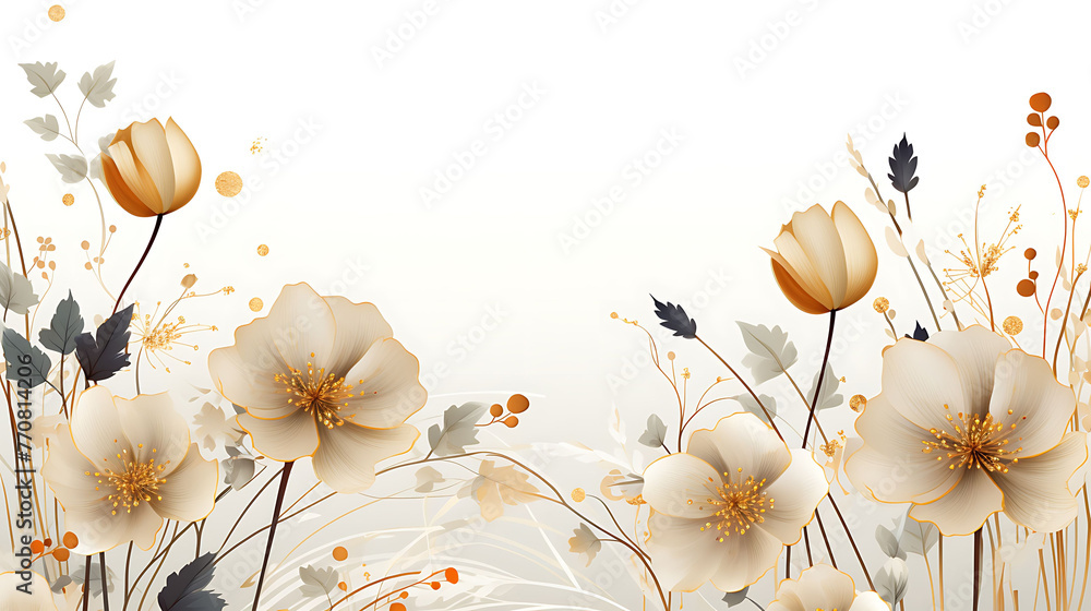 Golden Wild Flowers line art background vector. Luxury abstract art background with artificial flowers, Gold leaves, eucalyptus, trending hydrangea and summer blooms. wedding wallpaper