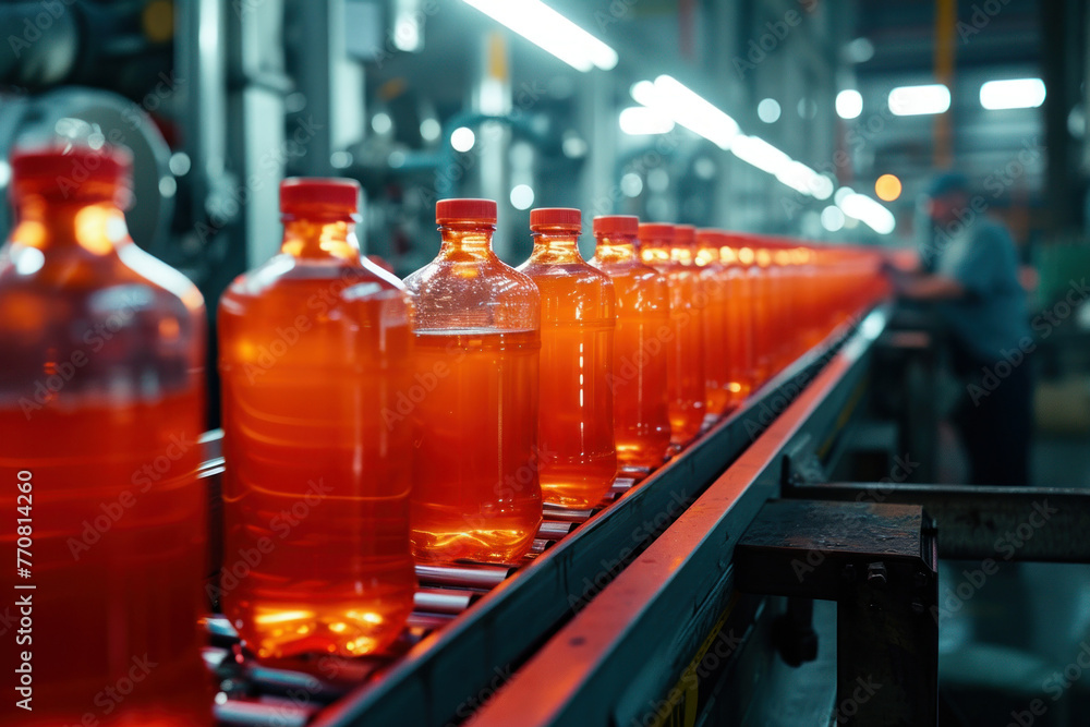 Bottles of orange liquid on conveyor belt in industrial factory, production line in process Bottles of orange liquid on conveyor belt in industrial factory, production line in process