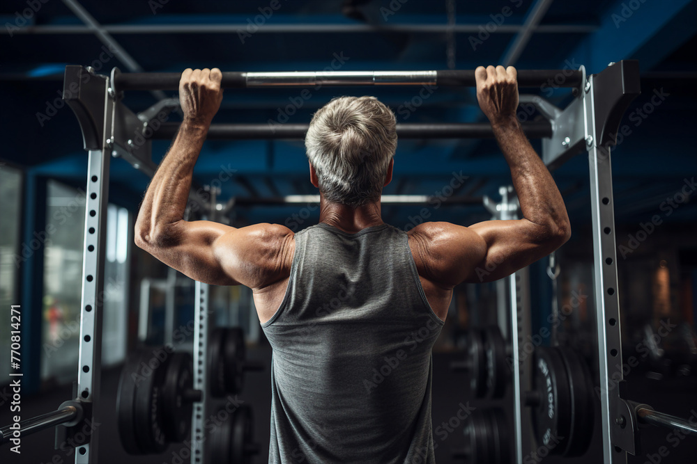 Fototapeta premium Elderly people pensioners working out in modern interior big spacious gym Generative AI illustration