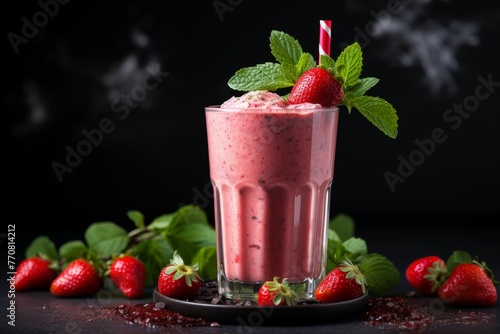Sumptuous strawberry milkshake in glass, ideal for breakfast with ample free space for copy