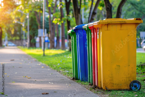 Different color recycling bins in city park bins for collection of recycle materials, Generative Ai