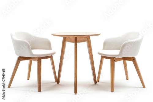 Sleek modern furniture set with two minimalist chairs and a round table  isolated on white