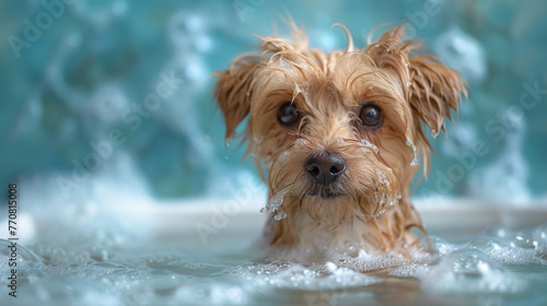 Gleaming eyes of a Yorkshire Terrier peeking through a sudsy bath, capturing the essence of pet care and whimsical moments